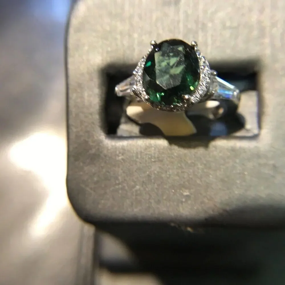 Ring 925 Sz6 Oval Diopside Circle Diamonds 2 Baguette (All Stones Simulated)